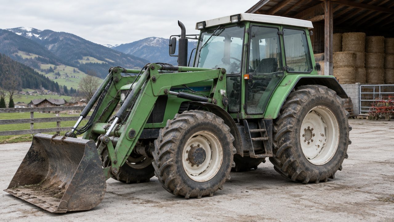 Grüner Traktor mit Frontlader auf einem Bauernhof